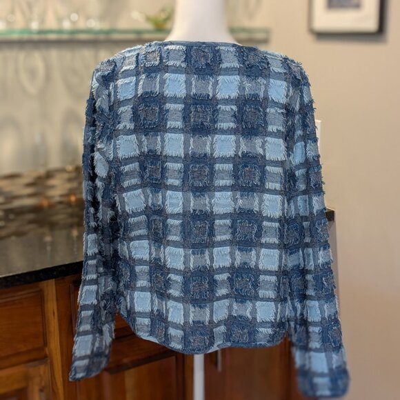 Vintage Life Style Blue Fuzzy Frayed Textured Plaid Jacket Size Large - Picture 3 of 3